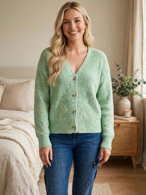 Ava & Viv Women's Textured Stitch Button-Front Cardigan Sweater Green